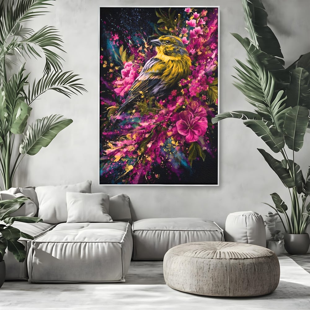 Tablou canvas cu tablou canvas cu pasare printre flori, in rama de aluminiu argintiu, pe perete intr-un living
